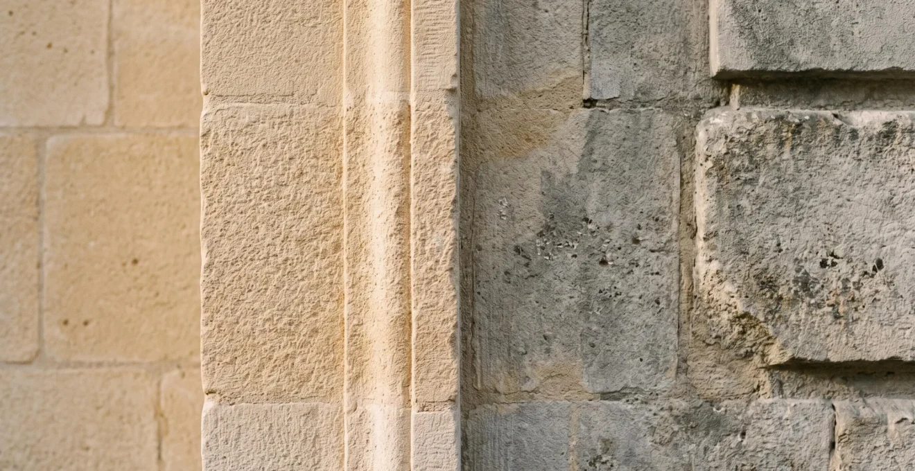 Détail de façade en pierre calcaire historique après traitement par aérogommage révélant la texture et couleur naturelles de la pierre