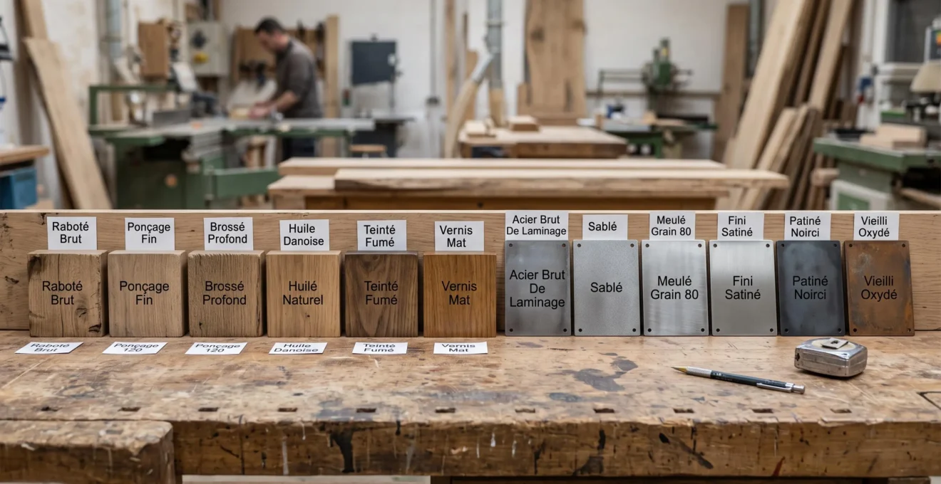 Échantillons de matériaux bois et métal montrant différents résultats selon les techniques de traitement de surface utilisées