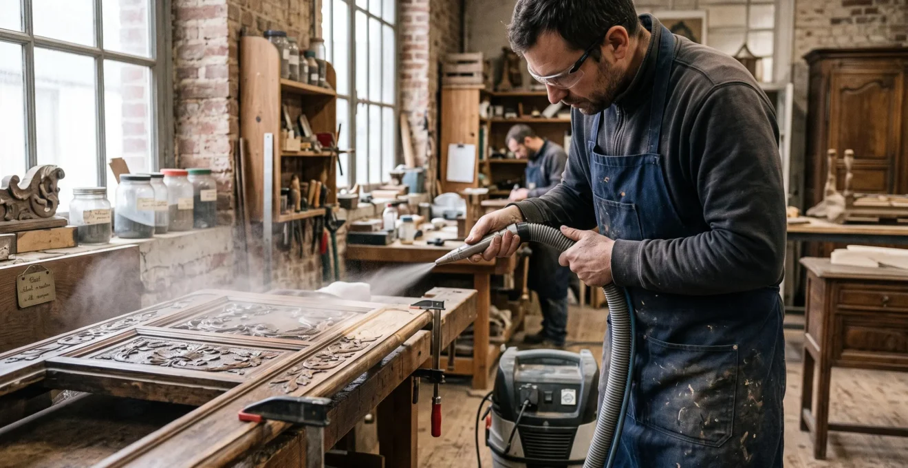 Technicien utilisant un équipement d'aérogommage sur des boiseries anciennes sculptées dans un atelier de restauration, projection de microbilles de verre à basse pression