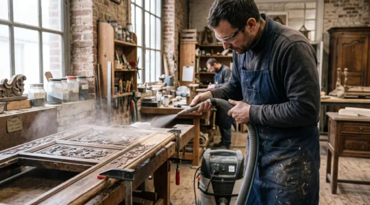 Technicien utilisant un équipement d'aérogommage sur des boiseries anciennes sculptées dans un atelier de restauration, projection de microbilles de verre à basse pression